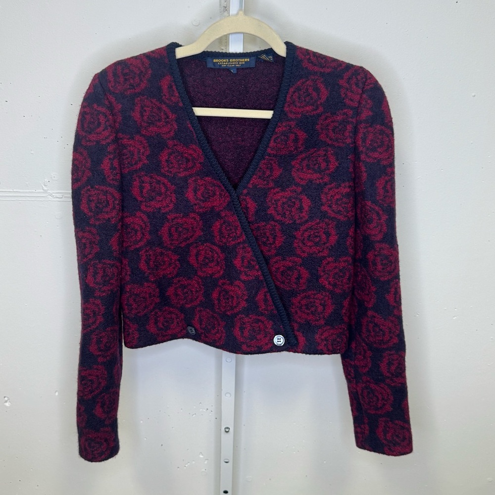 Vintage Brooks Brothers Pure Virgin Wool Floral Jacket Cardigan Navy Res Sz 4